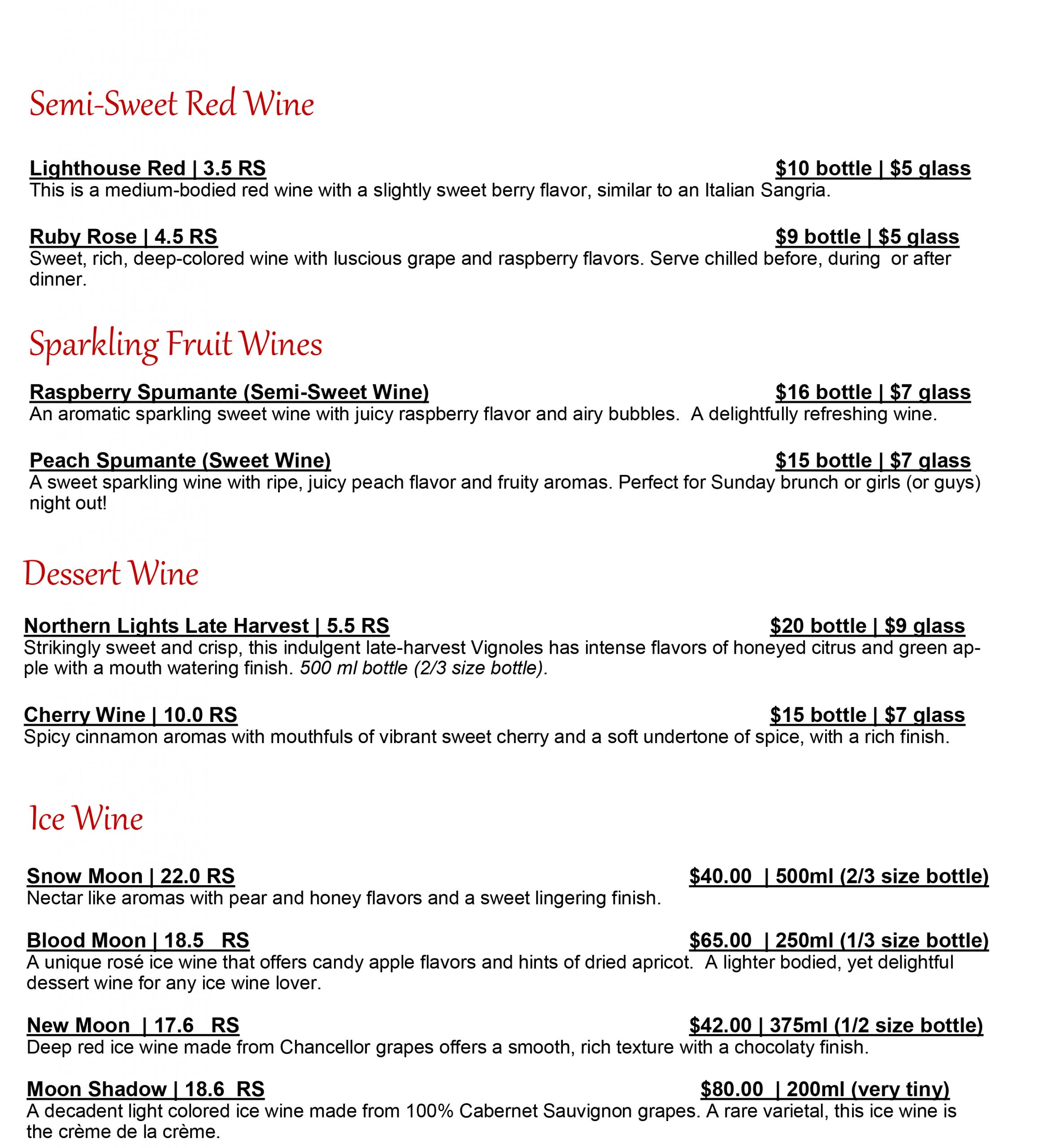 Sweet deals wine list